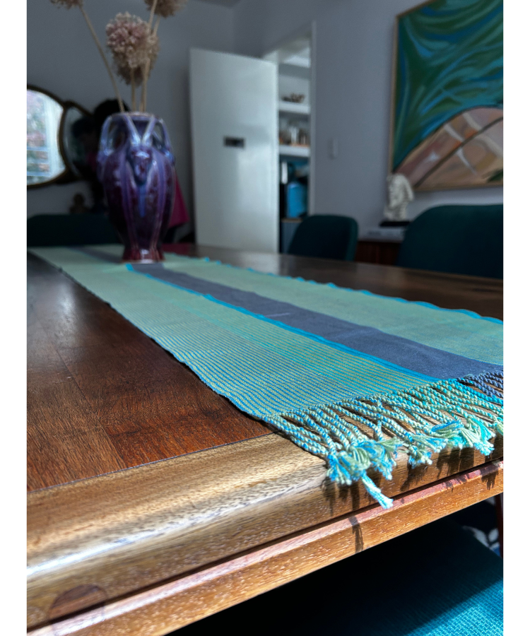 >>Camino de mesa Turquesa y Gris de algodón