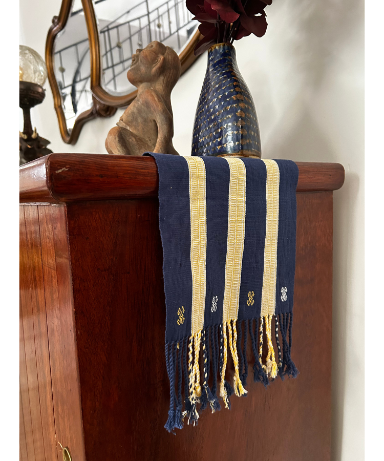 >>Camino de mesa delgado Azul y Amarillo de algodón