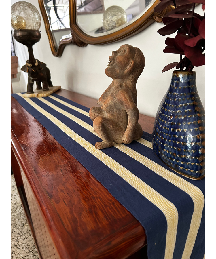 >>Camino de mesa delgado Azul y Amarillo de algodón