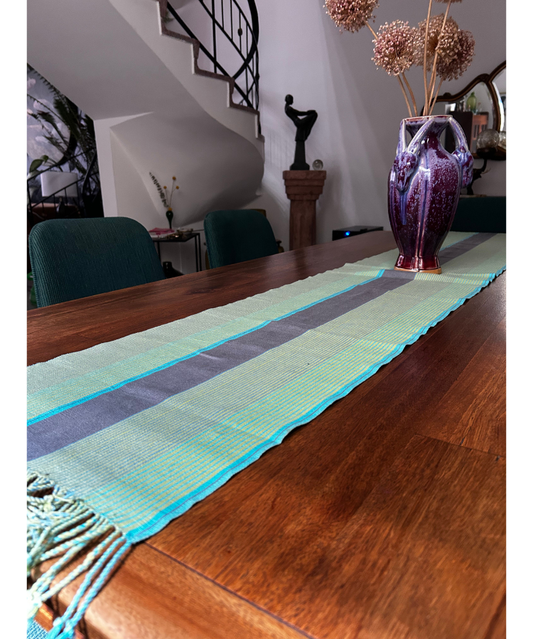 >>Camino de mesa Turquesa y Gris de algodón